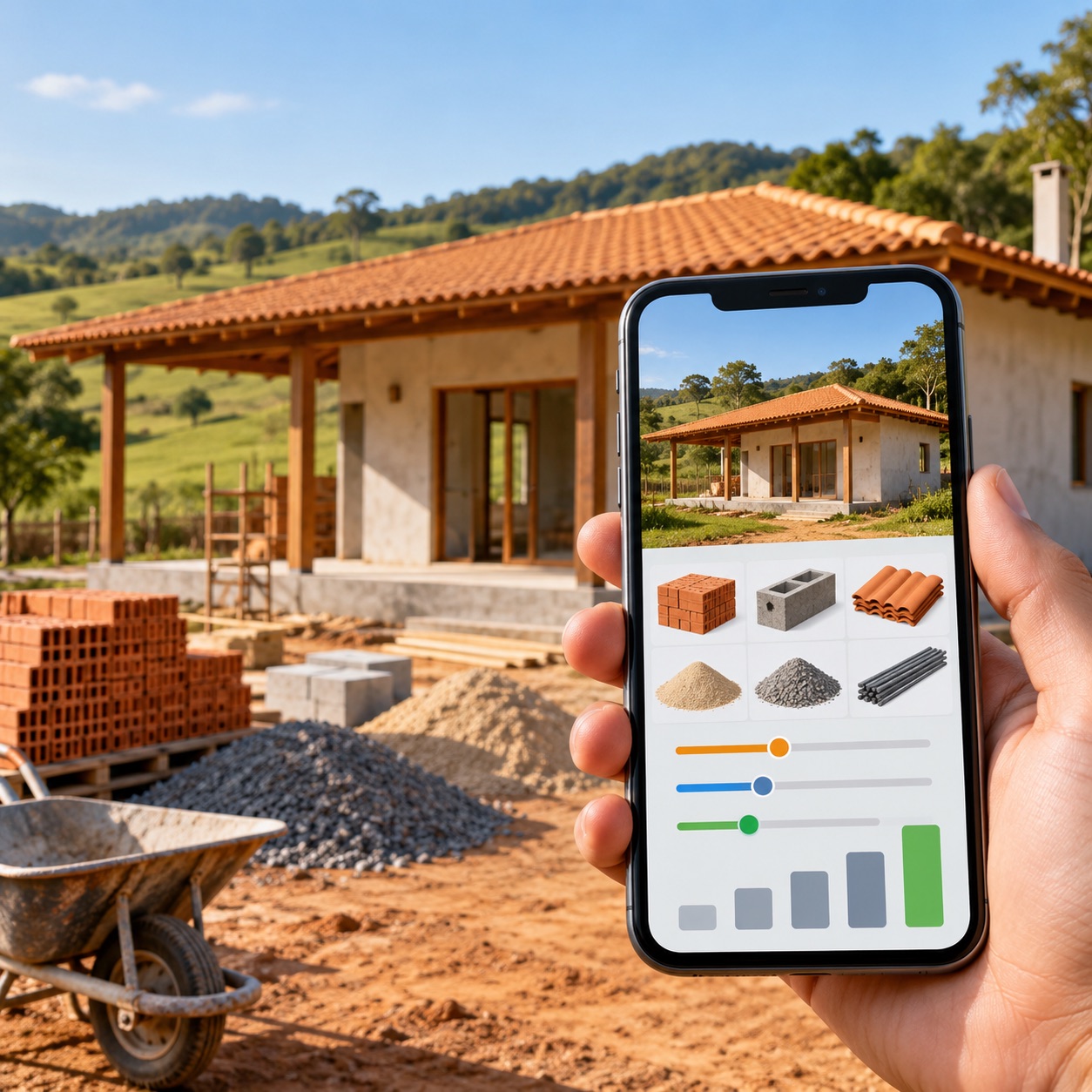 celular com a calculadora aberta mostrando 68 m² e o valor a separar por etapa