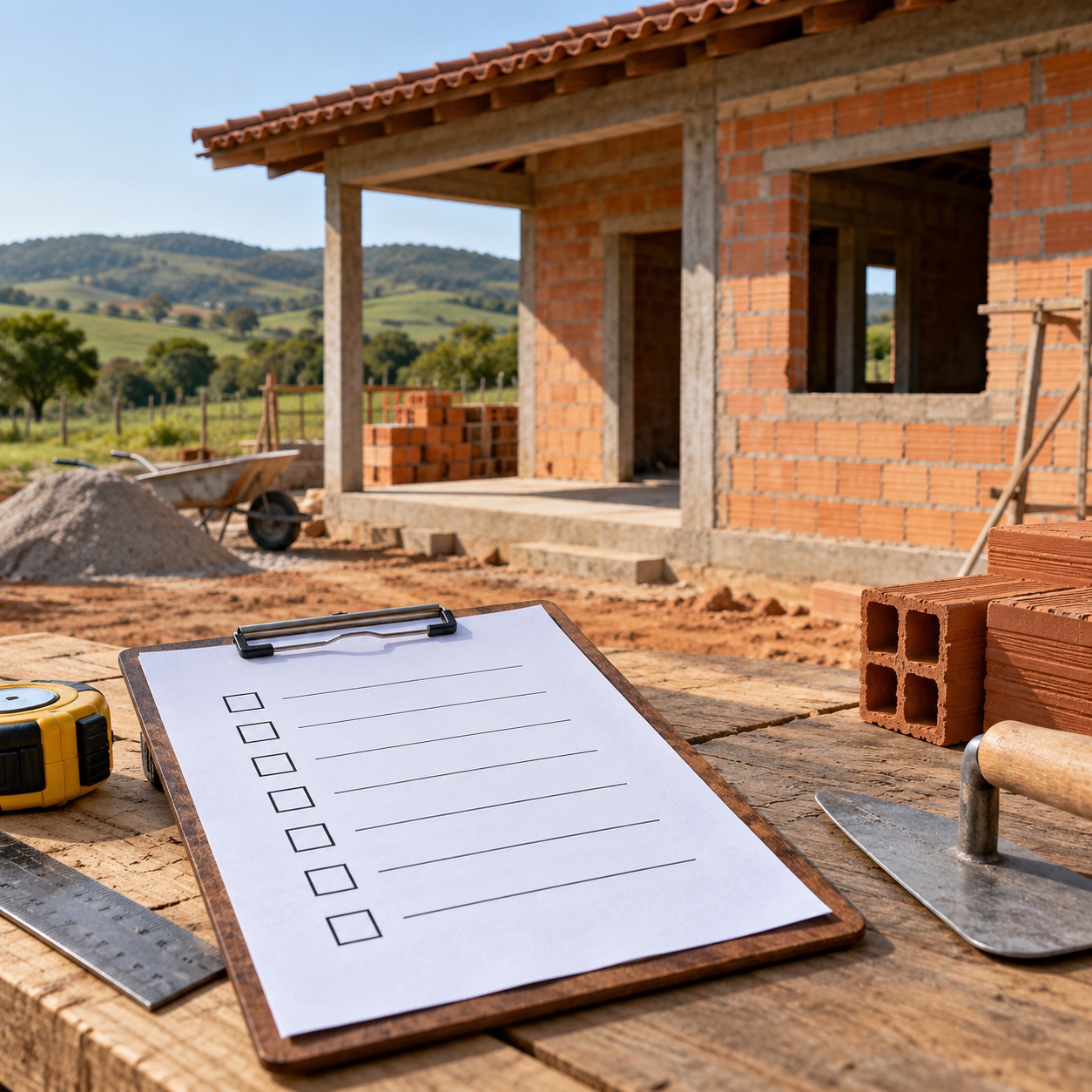 checklist impresso sobre a obra, com o item "prumo da parede" marcado