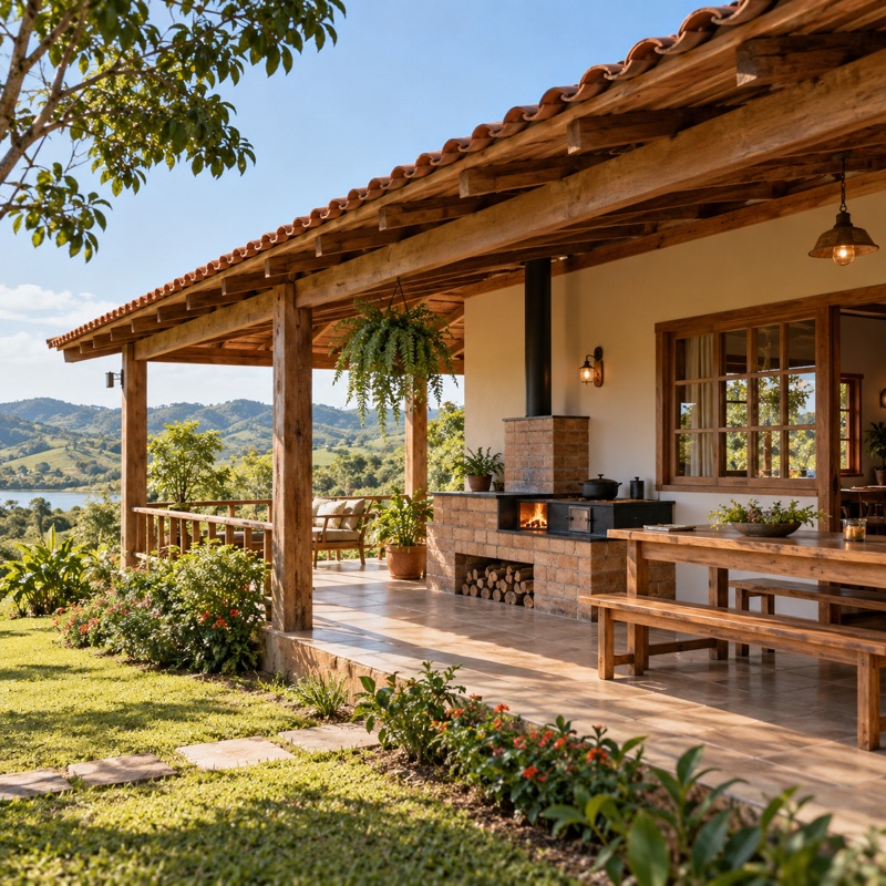 casa de chácara com fogão a lenha na varanda, em 3D