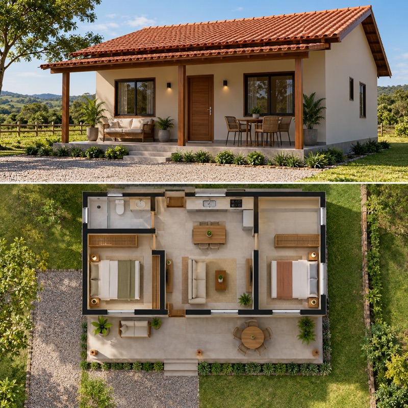 casa térrea de 46 m² com dois quartos, em 3D, e a planta baixa ao lado